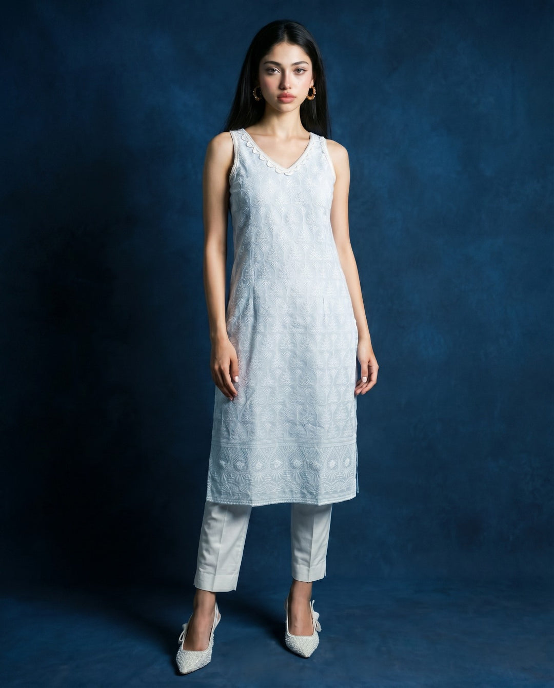 Sky Blue Embroidered Cotton Blended Sleeveless Straight Cut Long Kurta-1