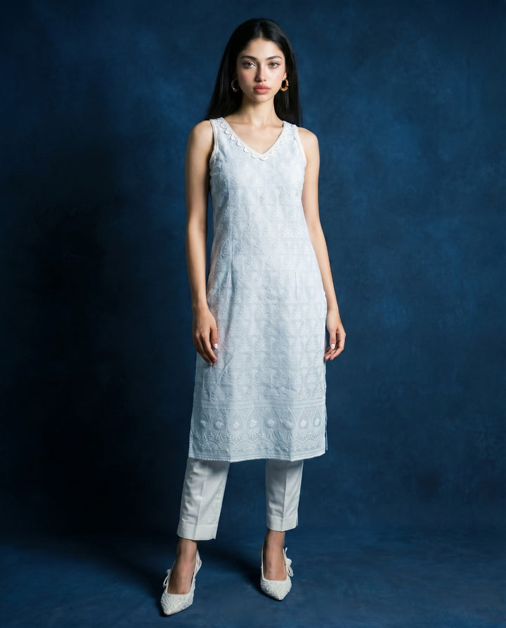 Sky Blue Embroidered Cotton Blended Sleeveless Straight Cut Long Kurta-1
