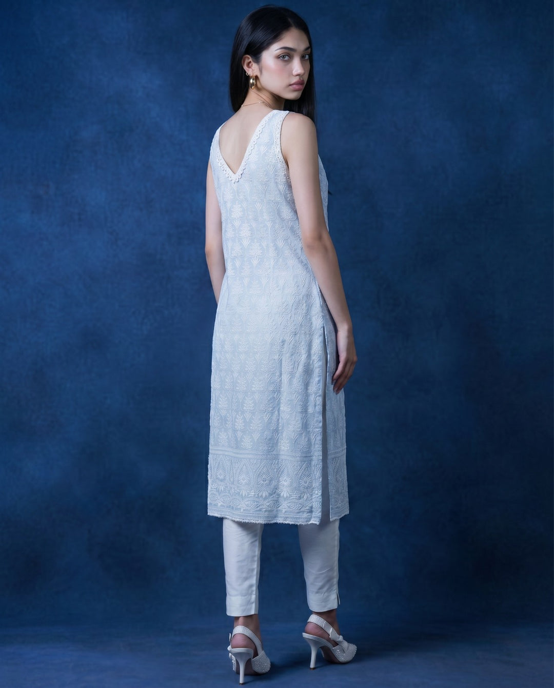 Sky Blue Embroidered Cotton Blended Sleeveless Straight Cut Long Kurta-1