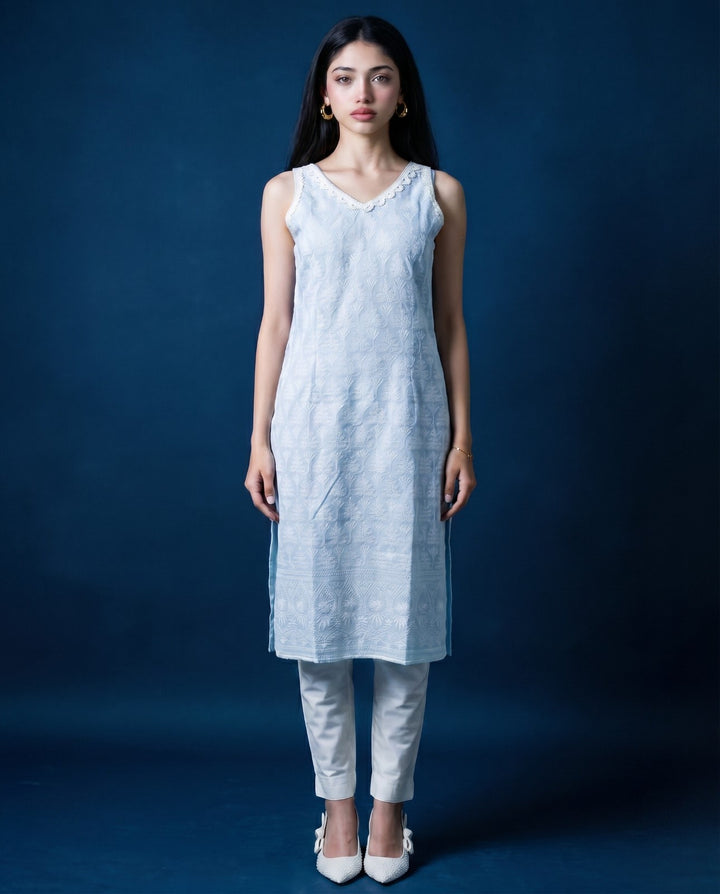 Sky Blue Embroidered Cotton Blended Sleeveless Straight Cut Long Kurta-1