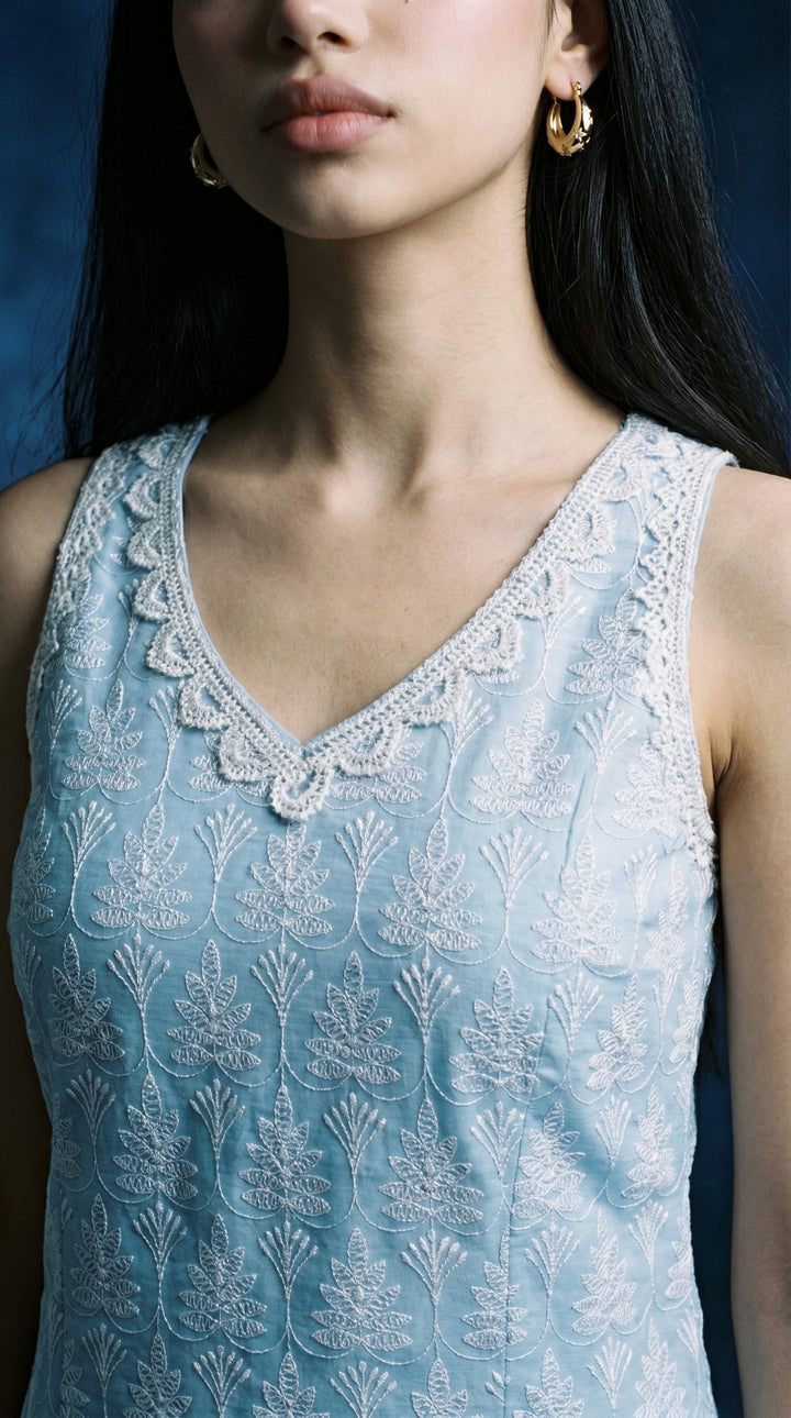 Sky Blue Embroidered Cotton Blended Sleeveless Straight Cut Long Kurta-1