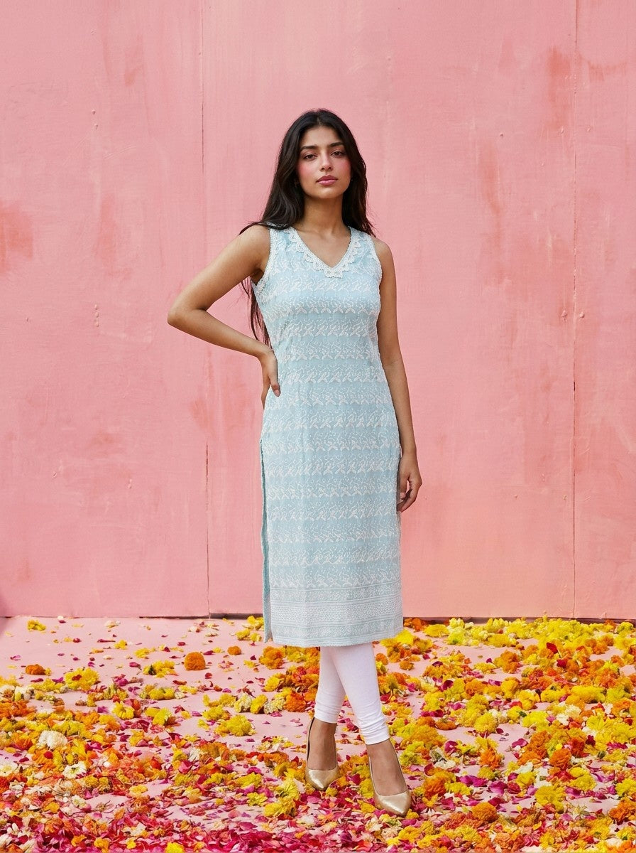 Sky Blue Embroidered Cotton Blended Sleeveless Straight Cut Long Kurta-2