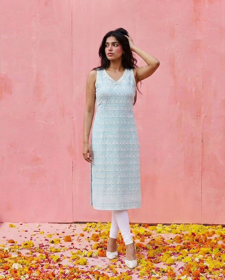 Sky Blue Embroidered Cotton Blended Sleeveless Straight Cut Long Kurta-2