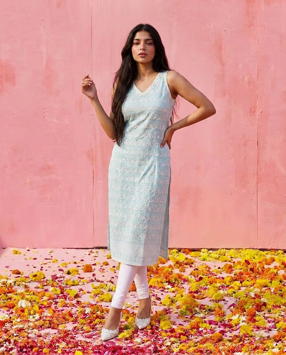 Sky Blue Embroidered Cotton Blended Sleeveless Straight Cut Long Kurta-2