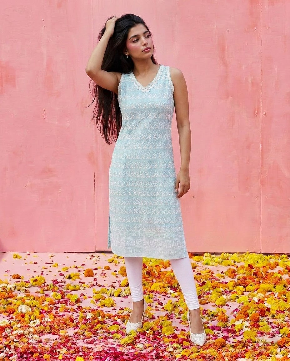 Sky Blue Embroidered Cotton Blended Sleeveless Straight Cut Long Kurta-2