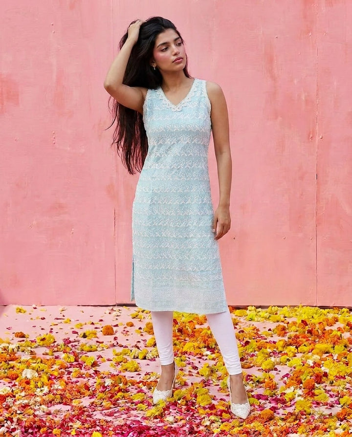 Sky Blue Embroidered Cotton Blended Sleeveless Straight Cut Long Kurta-2