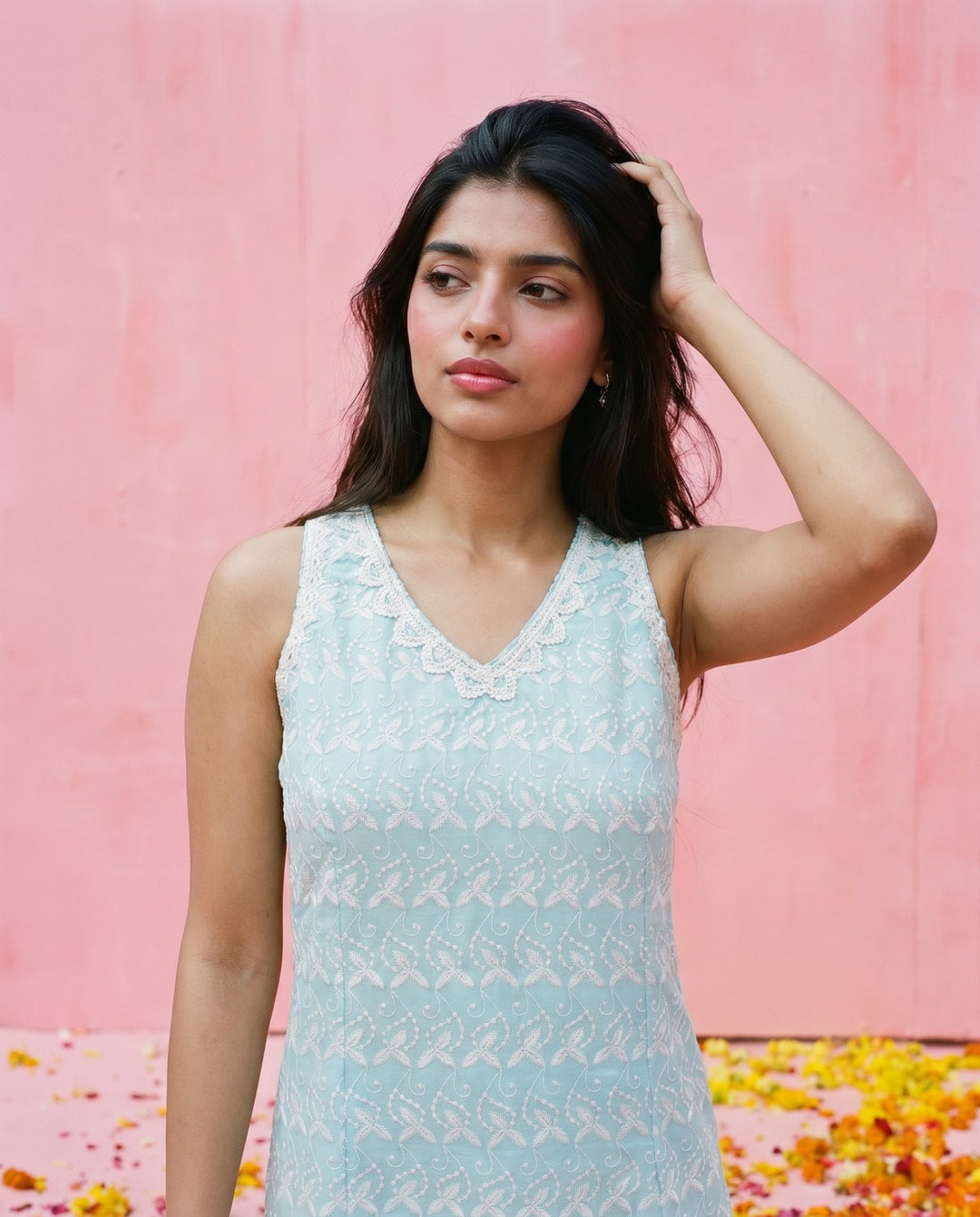 Sky Blue Embroidered Cotton Blended Sleeveless Straight Cut Long Kurta-2