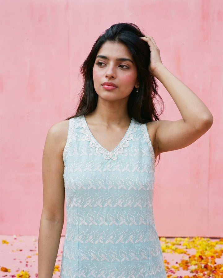 Sky Blue Embroidered Cotton Blended Sleeveless Straight Cut Long Kurta-2