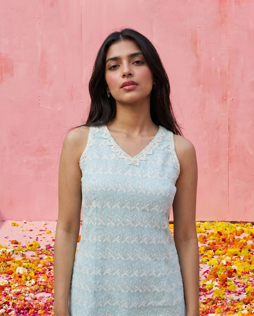 Sky Blue Embroidered Cotton Blended Sleeveless Straight Cut Long Kurta-2