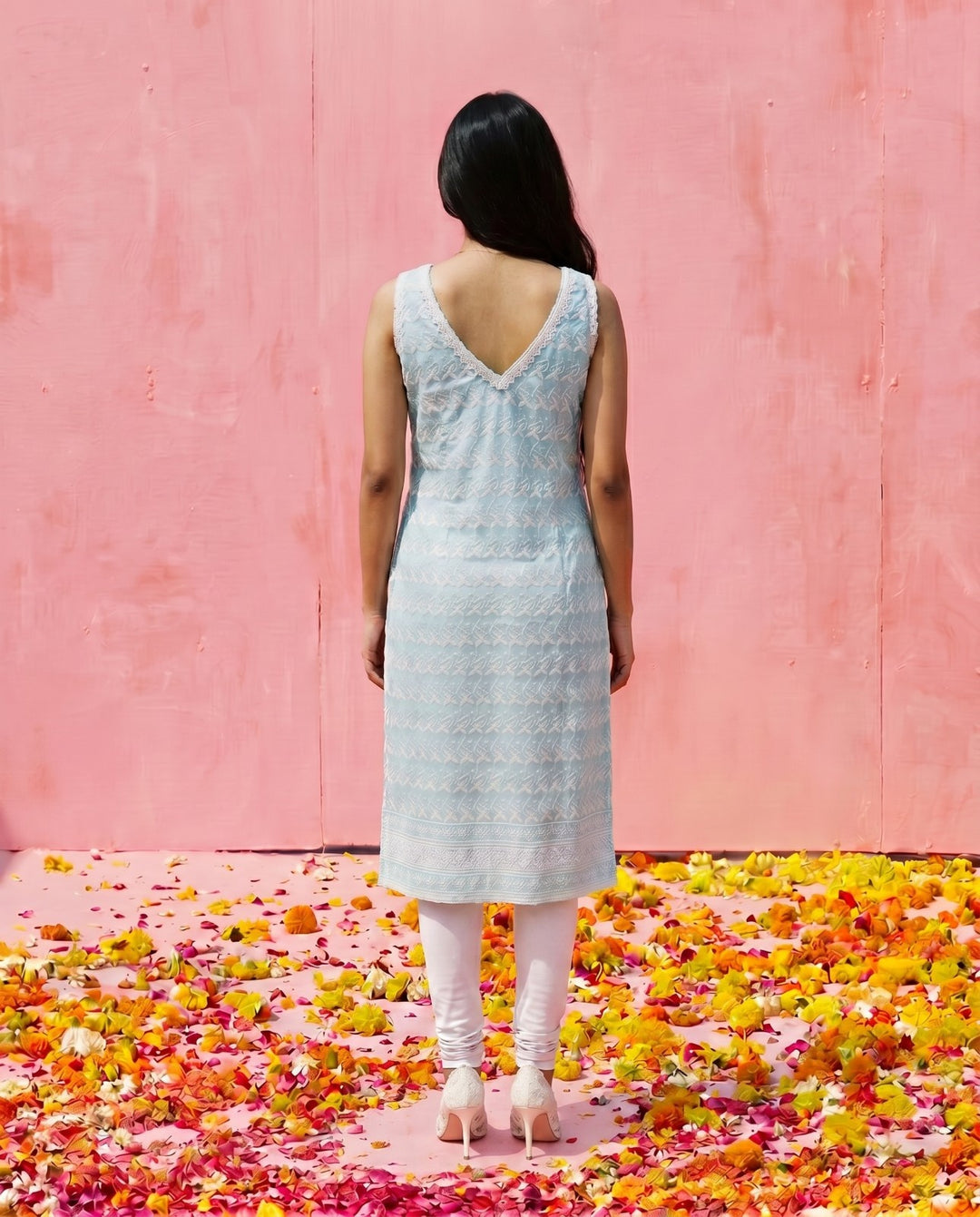 Sky Blue Embroidered Cotton Blended Sleeveless Straight Cut Long Kurta-2