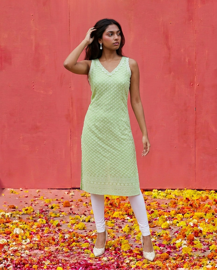 Sea Green Embroidered Cotton Blended Sleeveless Straight Cut Long Kurta-1