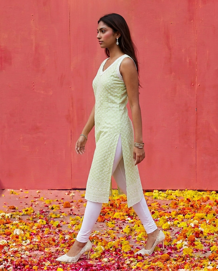 Sea Green Embroidered Cotton Blended Sleeveless Straight Cut Long Kurta-1