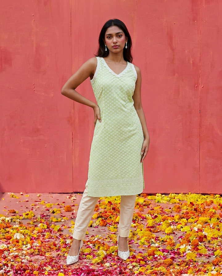 Sea Green Embroidered Cotton Blended Sleeveless Straight Cut Long Kurta-1