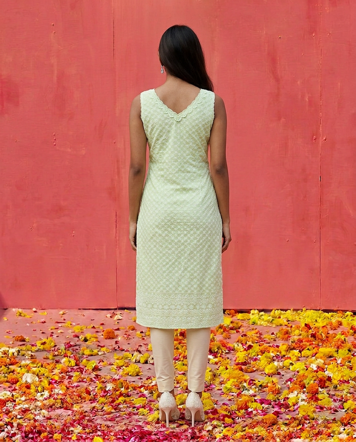 Sea Green Embroidered Cotton Blended Sleeveless Straight Cut Long Kurta-1