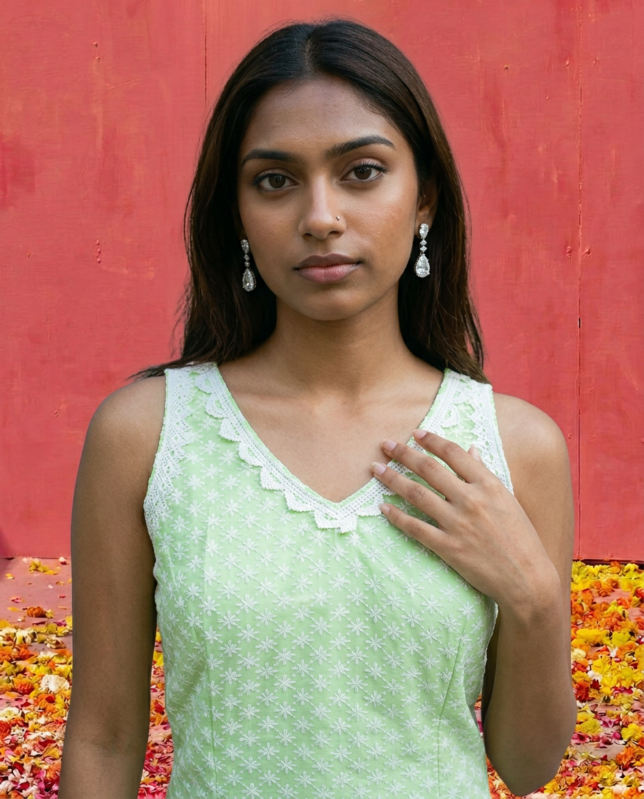 Sea Green Embroidered Cotton Blended Sleeveless Straight Cut Long Kurta-1
