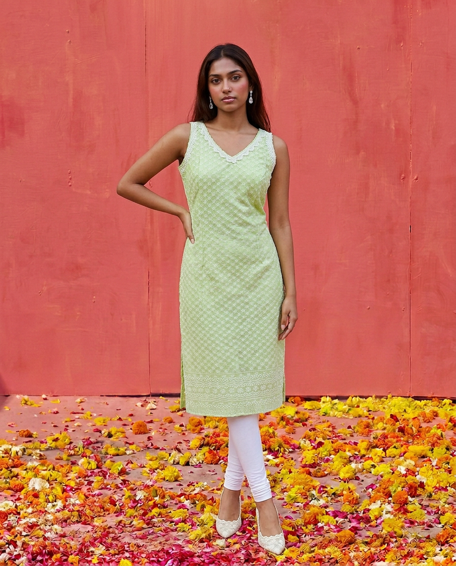Sea Green Embroidered Cotton Blended Sleeveless Straight Cut Long Kurta-1