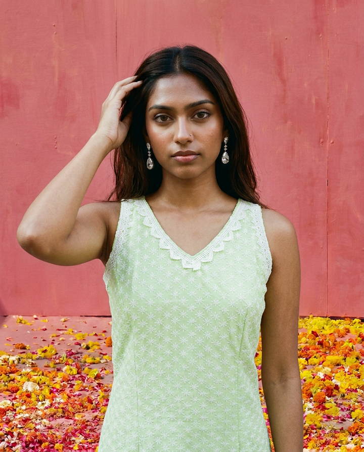 Sea Green Embroidered Cotton Blended Sleeveless Straight Cut Long Kurta-1