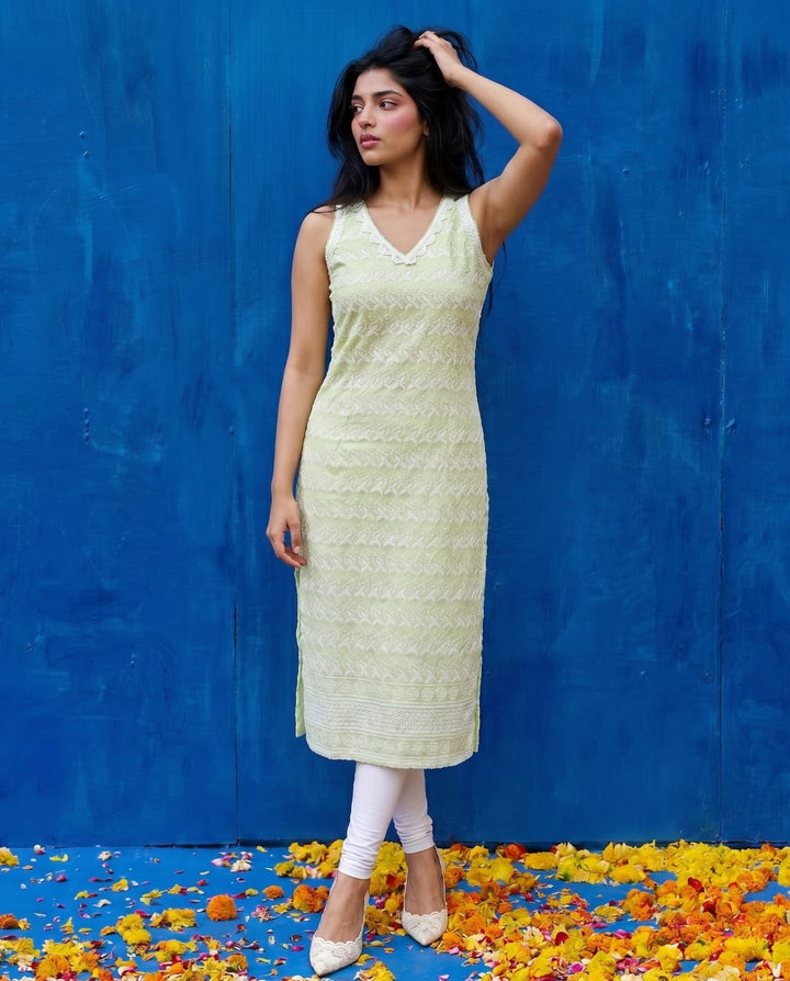 Sea Green Embroidered Cotton Blended Sleeveless Straight Cut Long Kurta-2