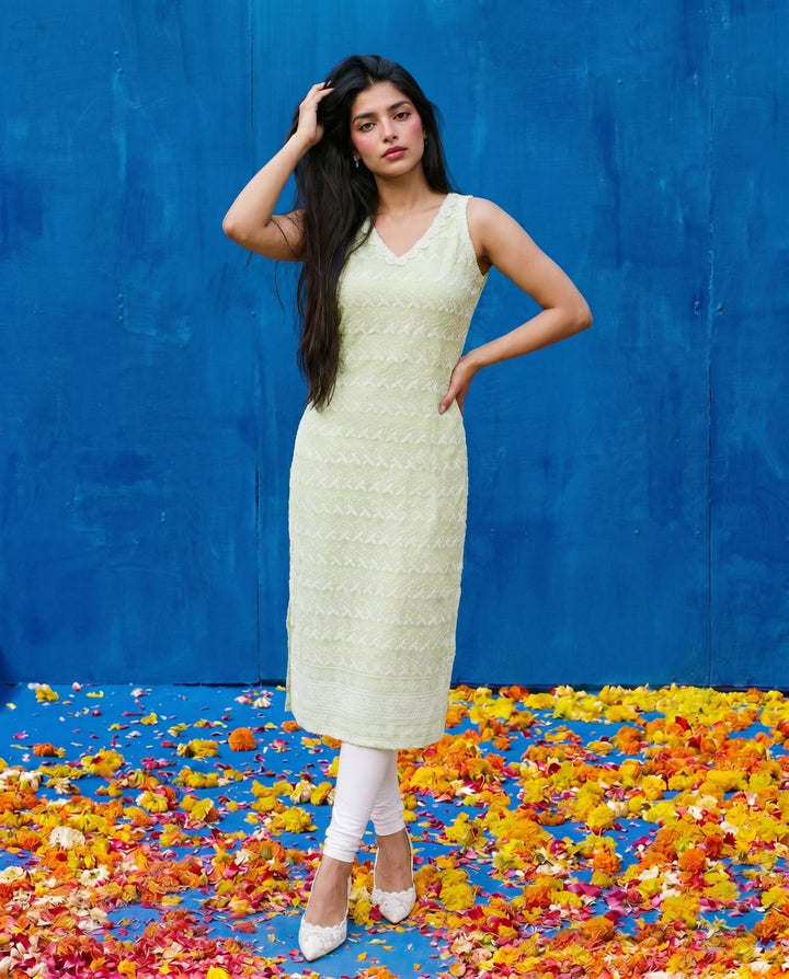 Sea Green Embroidered Cotton Blended Sleeveless Straight Cut Long Kurta-2