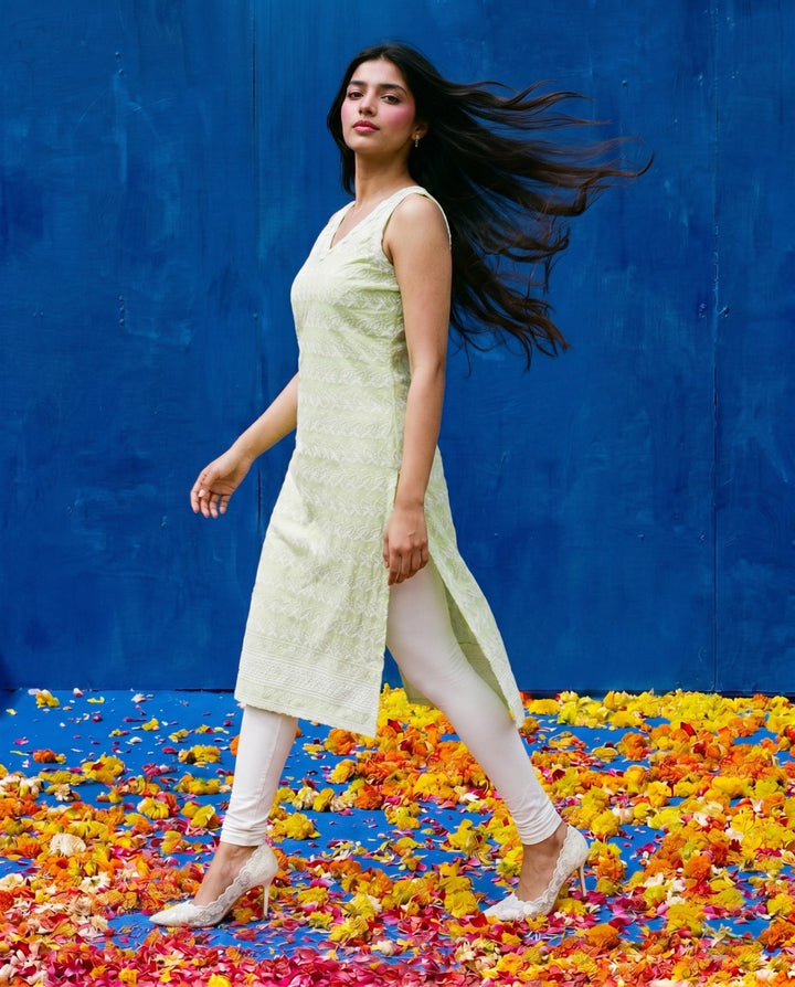 Sea Green Embroidered Cotton Blended Sleeveless Straight Cut Long Kurta-2