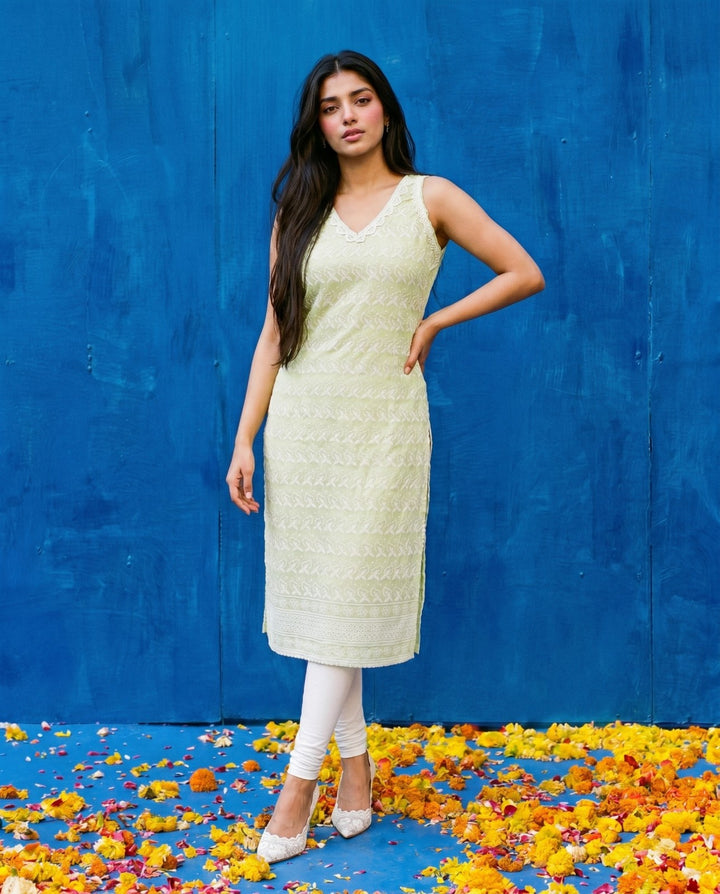 Sea Green Embroidered Cotton Blended Sleeveless Straight Cut Long Kurta-2