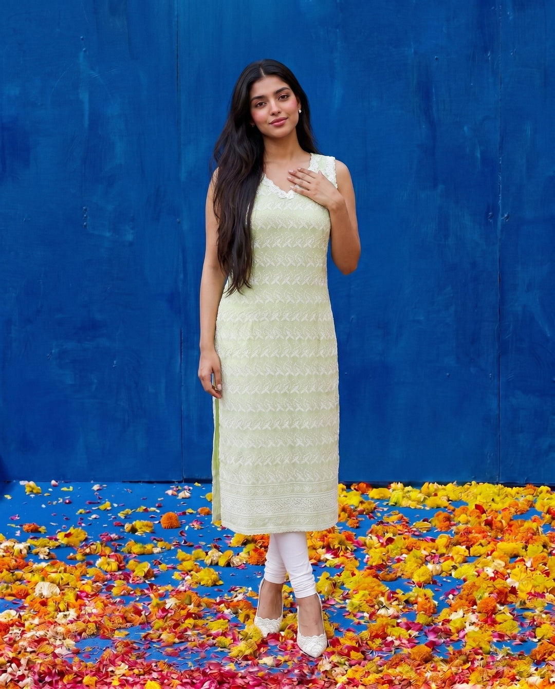 Sea Green Embroidered Cotton Blended Sleeveless Straight Cut Long Kurta-2