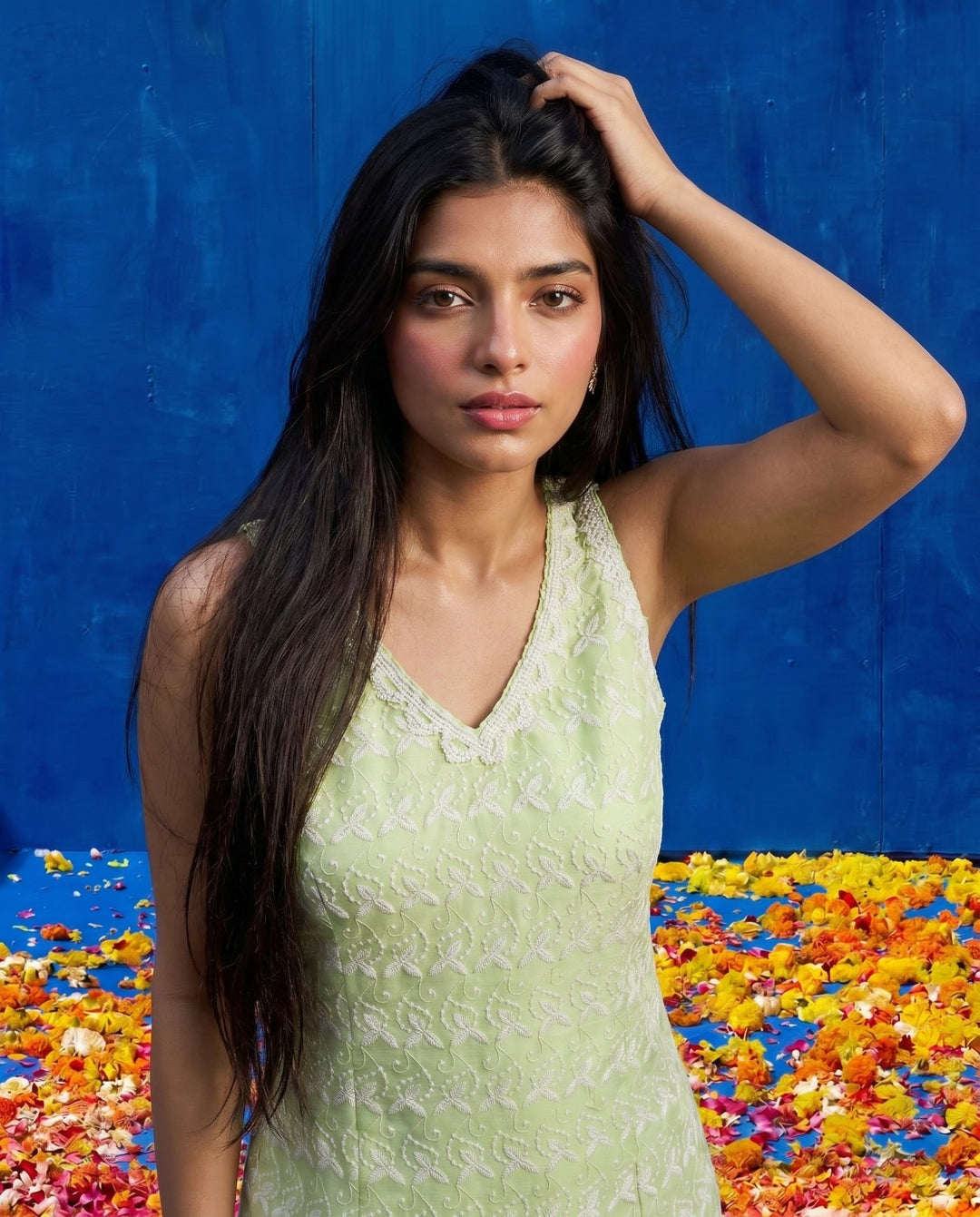Sea Green Embroidered Cotton Blended Sleeveless Straight Cut Long Kurta-2