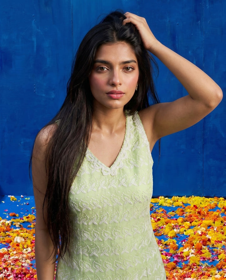 Sea Green Embroidered Cotton Blended Sleeveless Straight Cut Long Kurta-2
