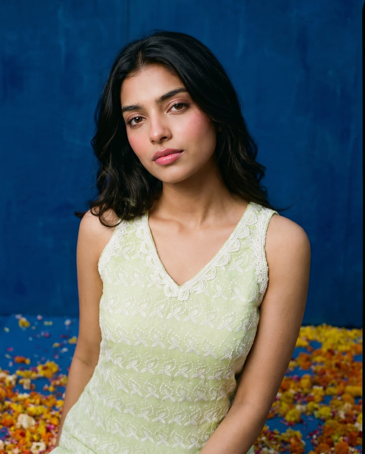 Sea Green Embroidered Cotton Blended Sleeveless Straight Cut Long Kurta-2