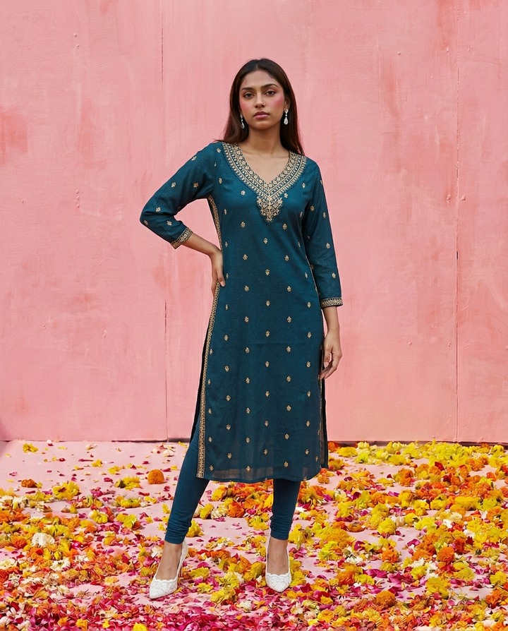 Green Embroidered Viscose Blended Straight cut Long Kurta