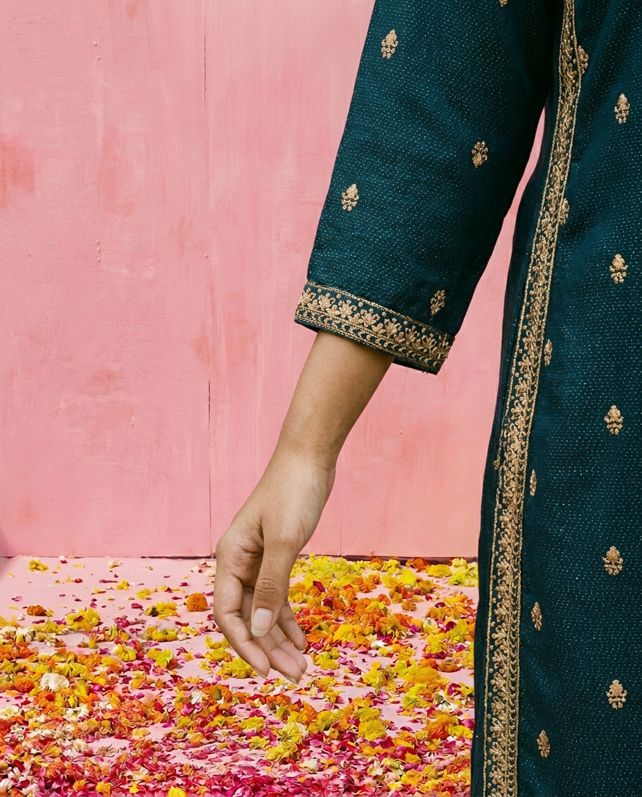 Green Embroidered Viscose Blended Straight cut Long Kurta