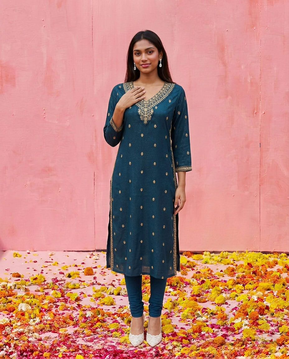 Green Embroidered Viscose Blended Straight cut Long Kurta