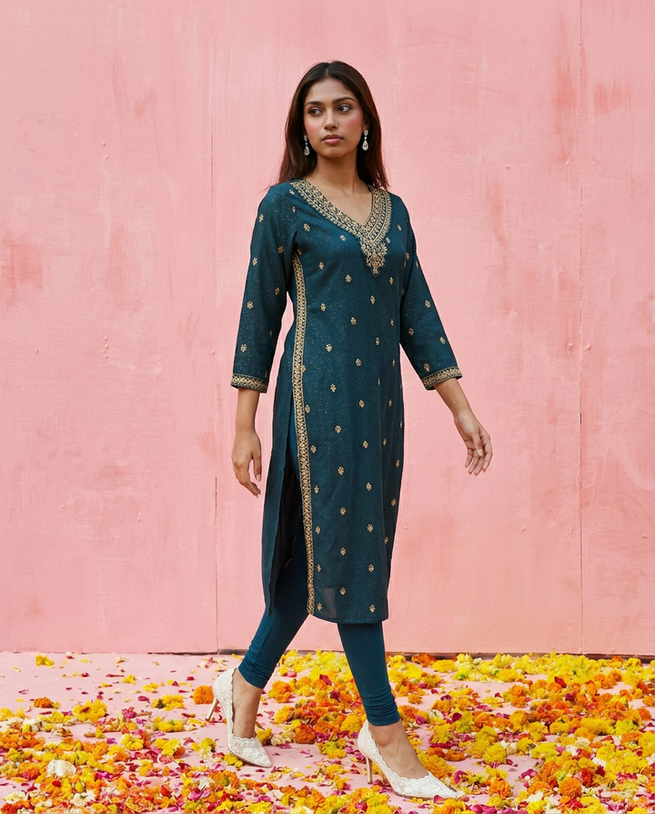 Green Embroidered Viscose Blended Straight cut Long Kurta