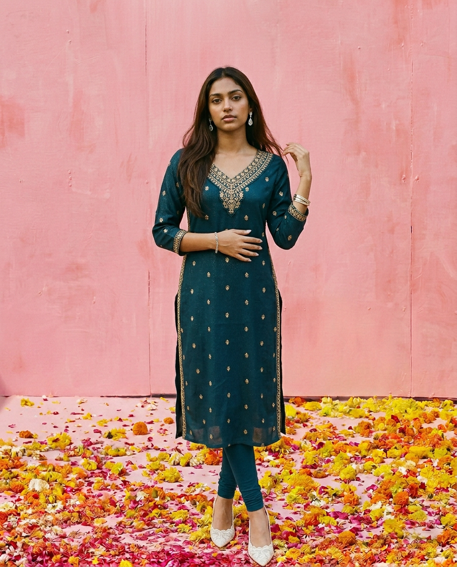 Green Embroidered Viscose Blended Straight cut Long Kurta