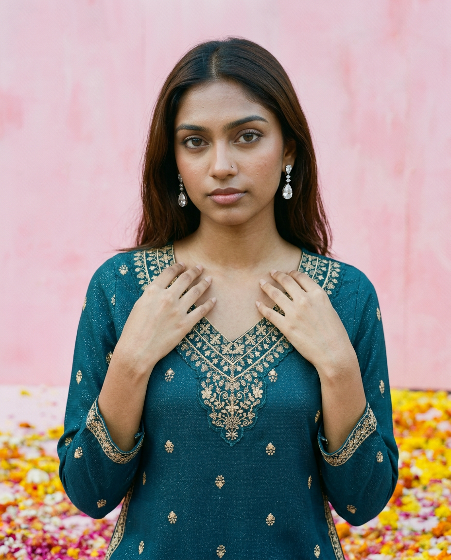 Green Embroidered Viscose Blended Straight cut Long Kurta