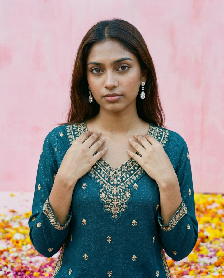 Green Embroidered Viscose Blended Straight cut Long Kurta