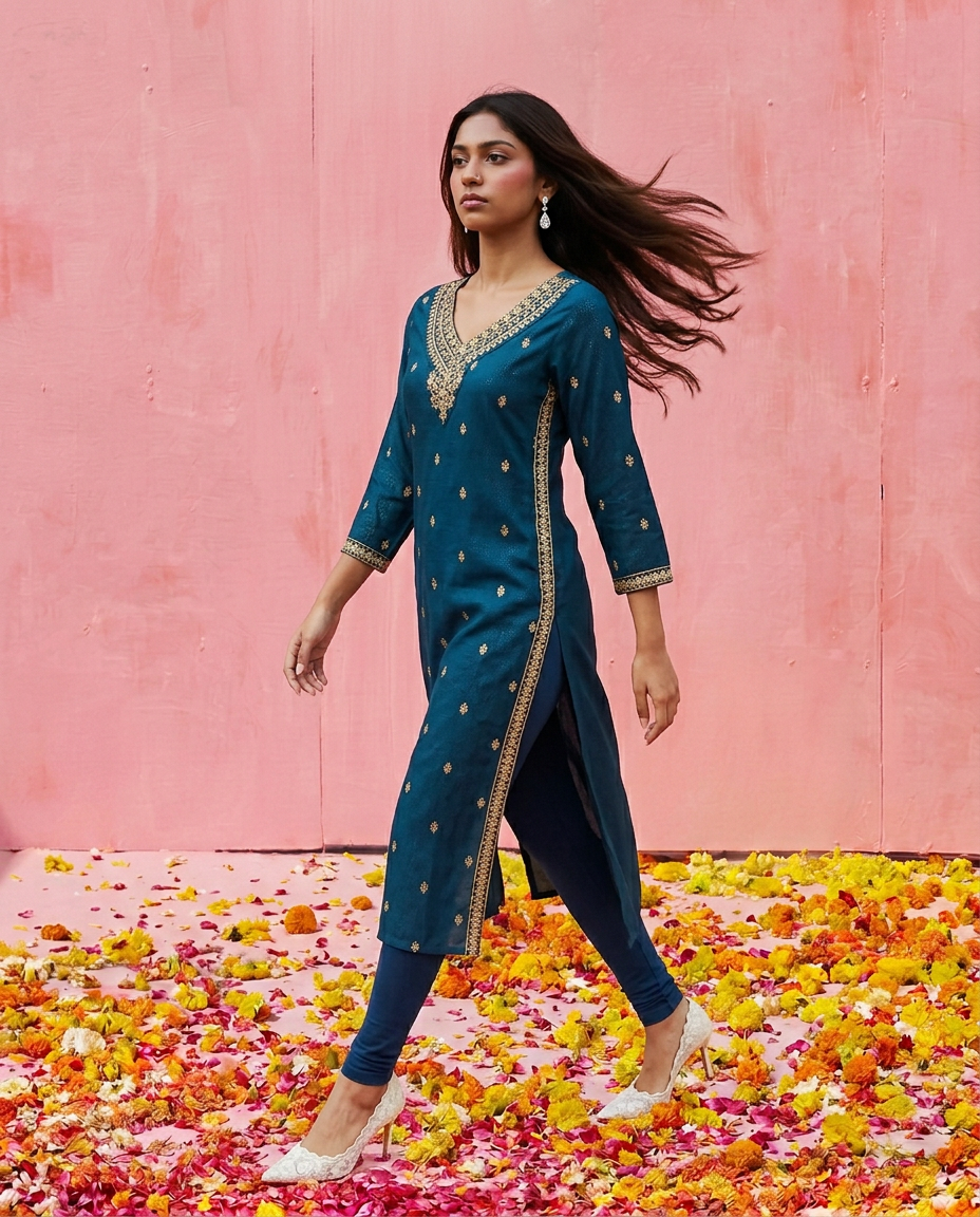 Green Embroidered Viscose Blended Straight cut Long Kurta