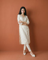 Off White Embroidered Viscose Blended Straight Cut Long Kurta