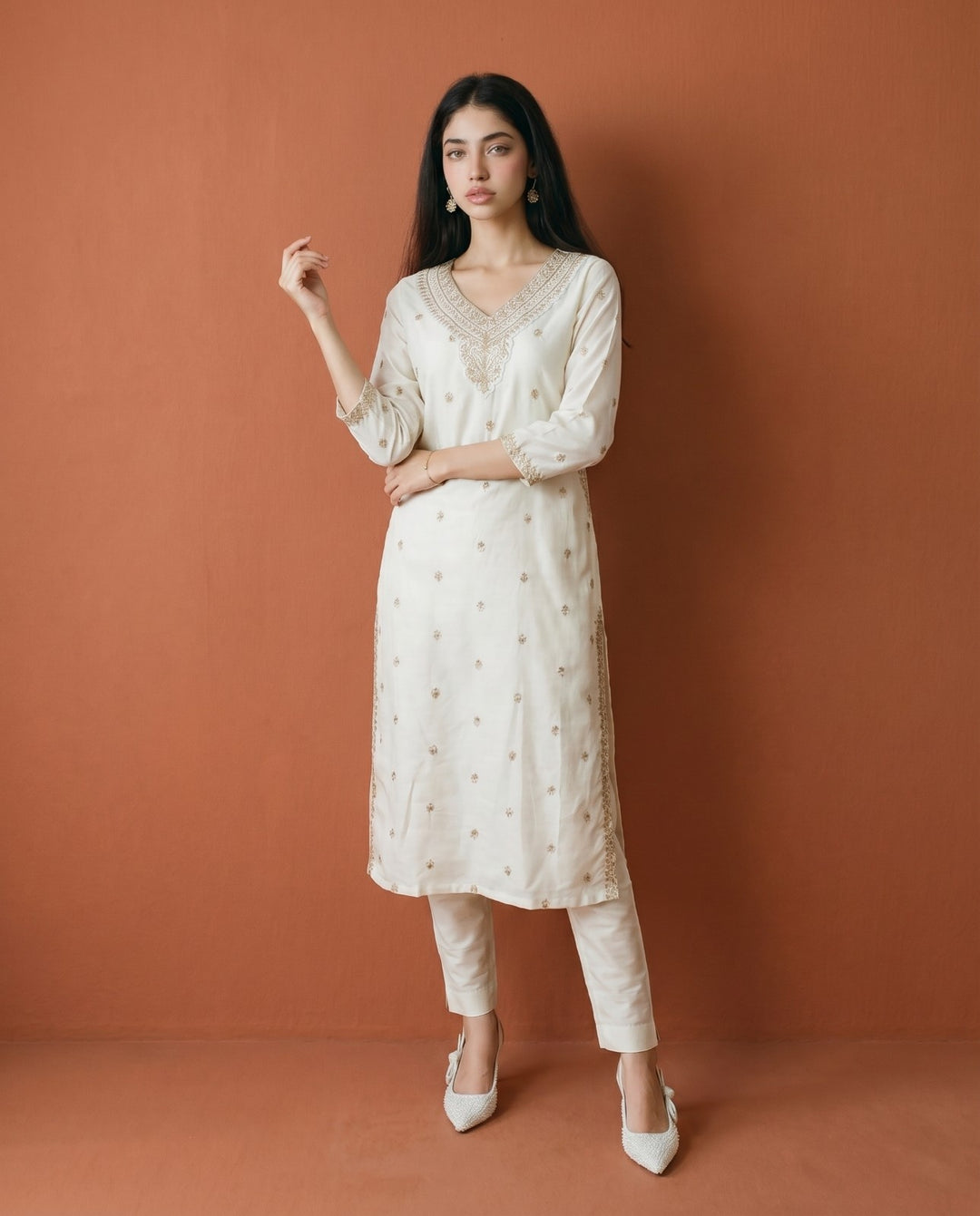 Off White Embroidered Viscose Blended Straight Cut Long Kurta