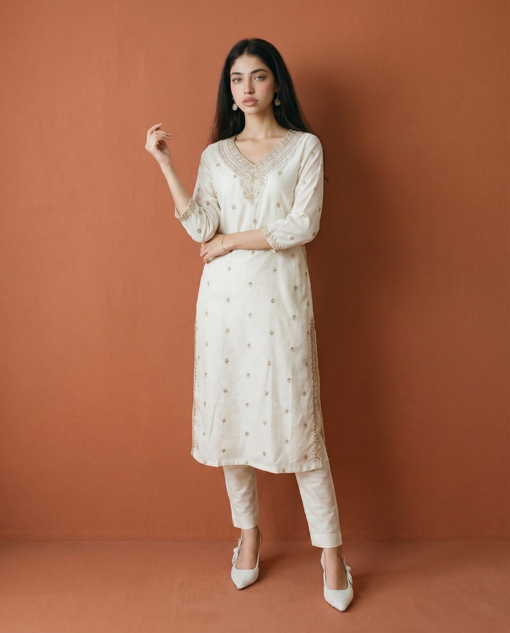 Off White Embroidered Viscose Blended Straight Cut Long Kurta