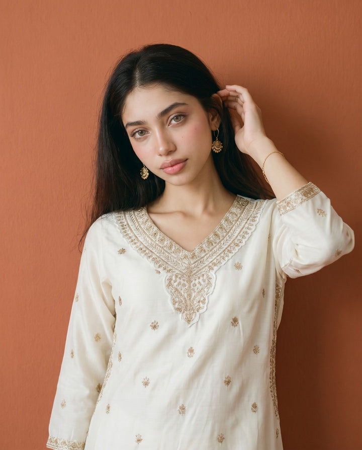 Off White Embroidered Viscose Blended Straight Cut Long Kurta