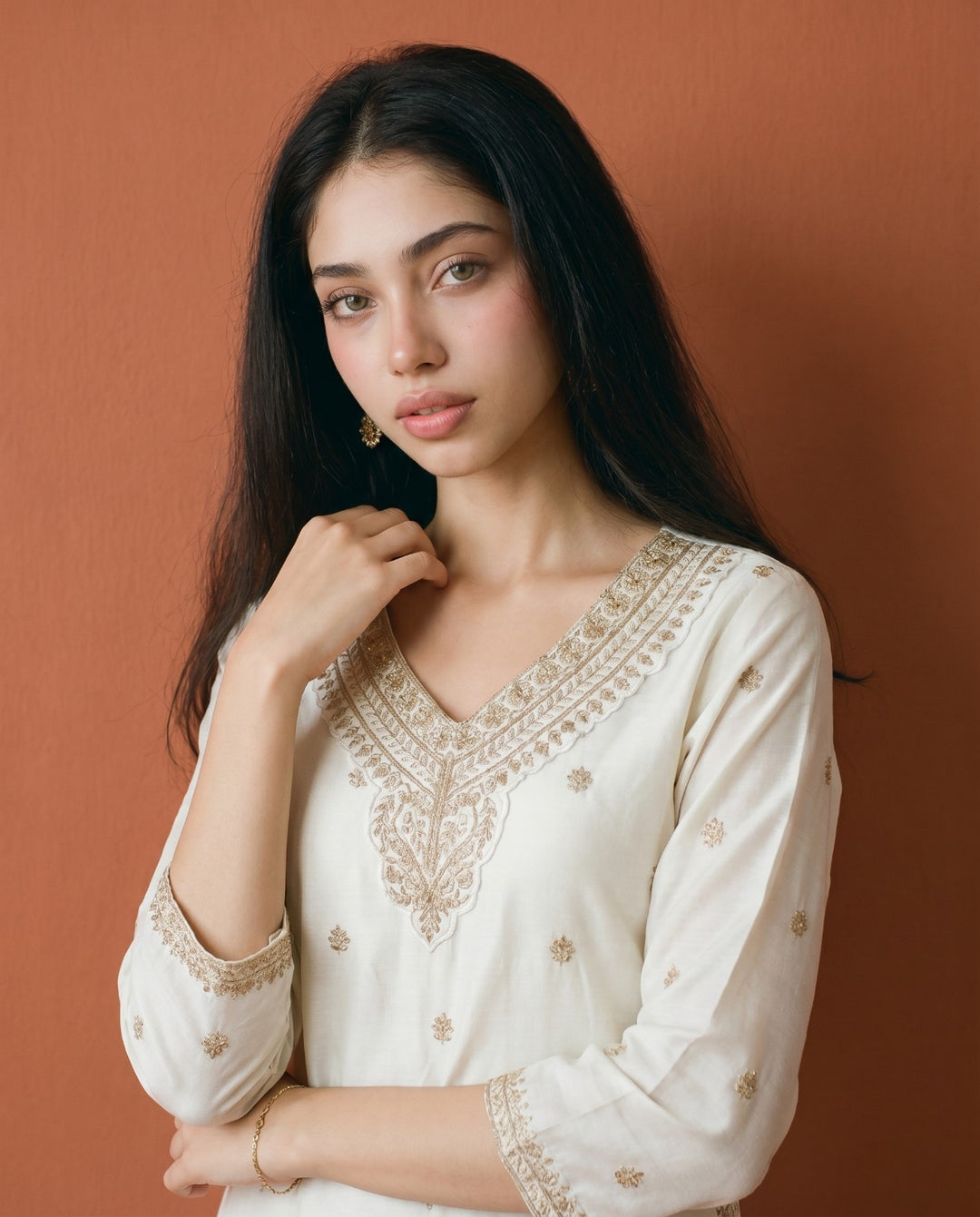 Off White Embroidered Viscose Blended Straight Cut Long Kurta