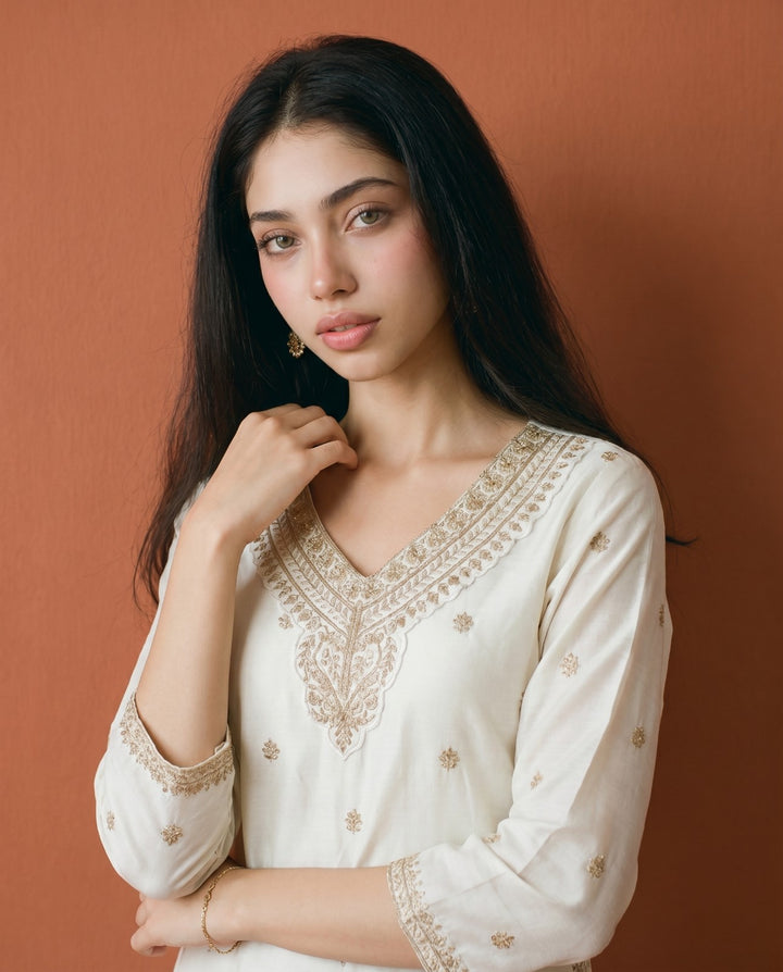 Off White Embroidered Viscose Blended Straight Cut Long Kurta