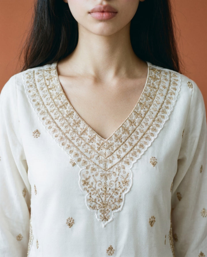 Off White Embroidered Viscose Blended Straight Cut Long Kurta