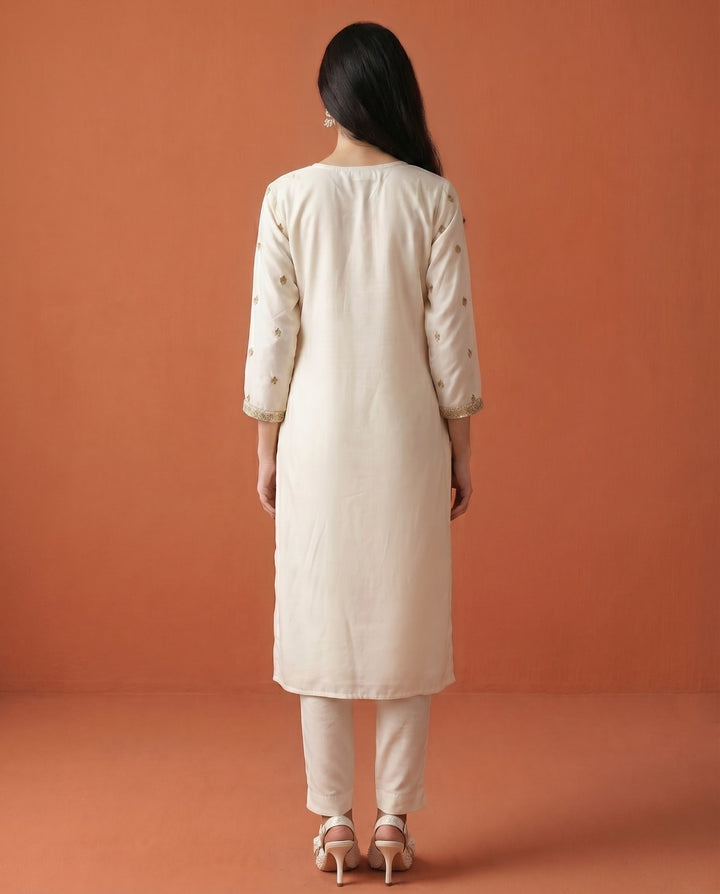 Off White Embroidered Viscose Blended Straight Cut Long Kurta