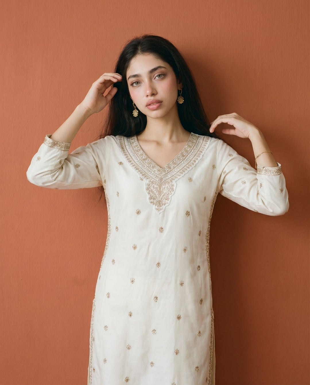 Off White Embroidered Viscose Blended Straight Cut Long Kurta