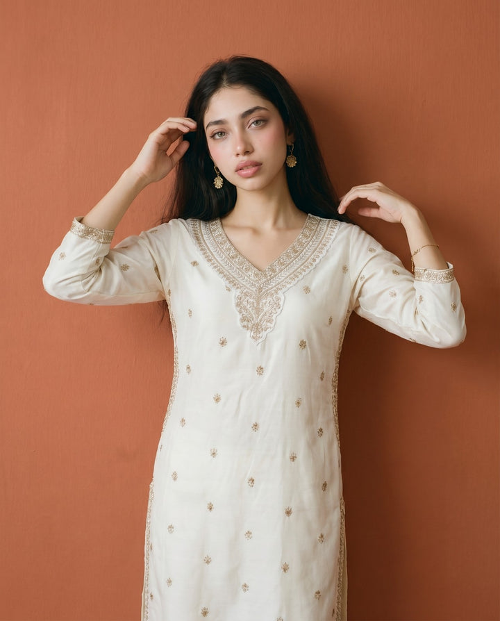 Off White Embroidered Viscose Blended Straight Cut Long Kurta