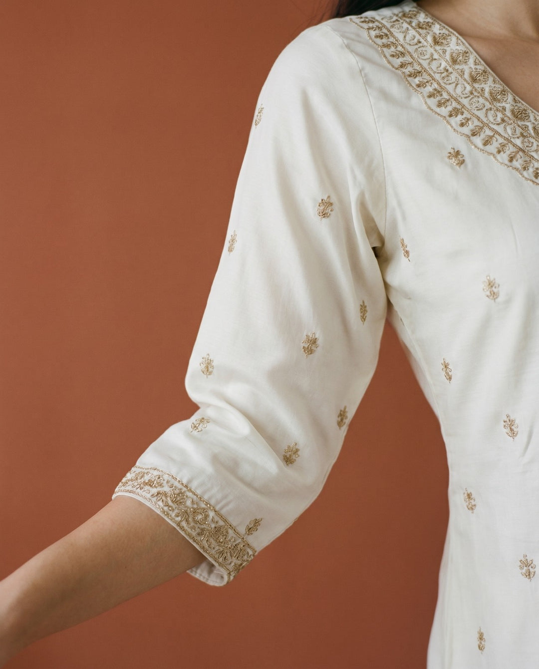 Off White Embroidered Viscose Blended Straight Cut Long Kurta