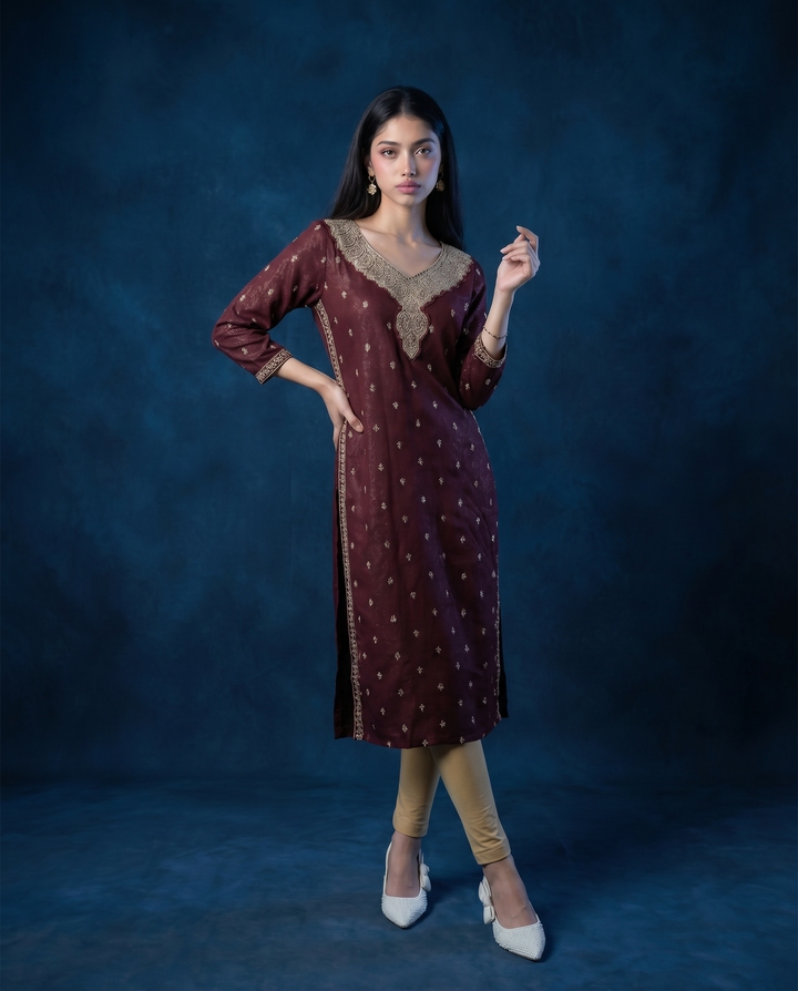 Brown Embroidered Silk Blended 3/4 Sleeves Straight Cut Long Kurta
