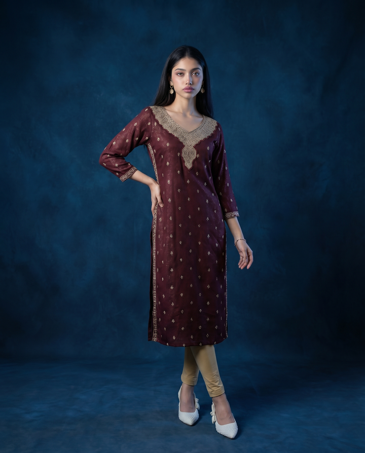 Brown Embroidered Silk Blended 3/4 Sleeves Straight Cut Long Kurta